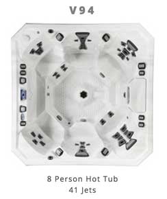 Top-down view of hot tub. V94. 8-person Hot Tub. 41 jets.