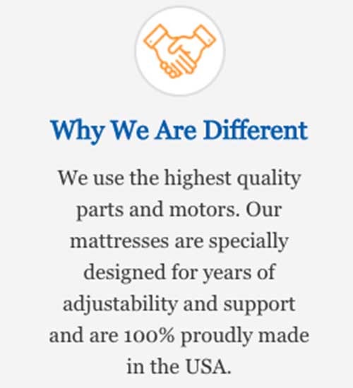 Screenshot from Easy Rest website: "Why We Are Different. We use the highest quality parts and motors. Our mattresses are specially designed for years of adjustability and support and are 100% proudly made in the USA."