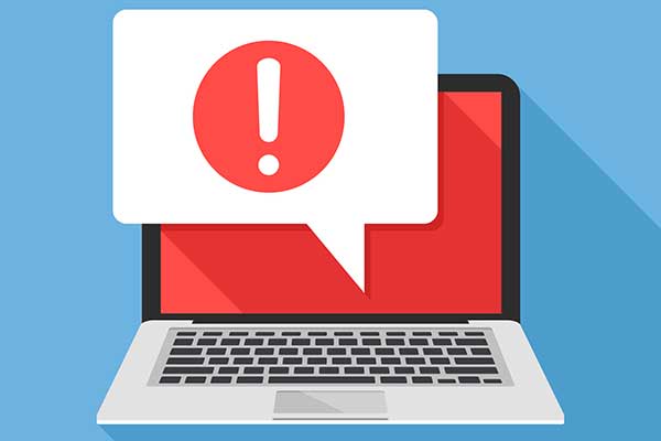 Illustration of a laptop with a red screen and a warning alert.