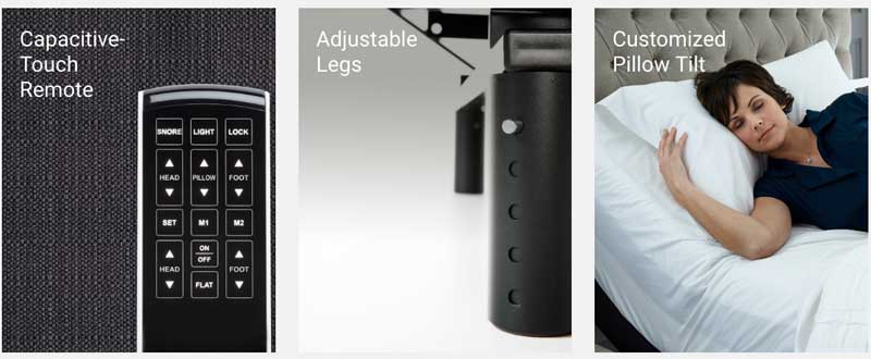 Leggett & Platt adjustable bed features: Capacitive-touch remote, adjustable legs, customized pillow tilt.