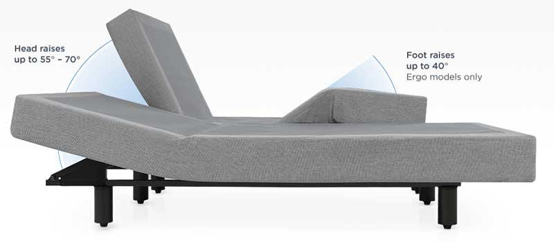 Tempur-Pedic Adjustable Bed shown in two positions. Head raises up to 55-70 degrees. Foot raises up to 40 degrees (Ergo models only.)