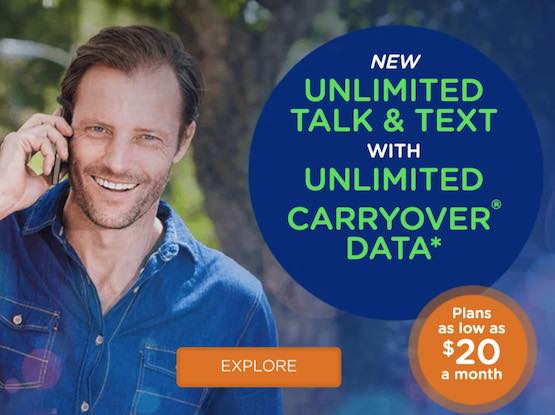 Screenshot from Tracfone website. "New Unlmited Talk & Text with Unlimited Carryover Data*. Plans as low as $20 a month"