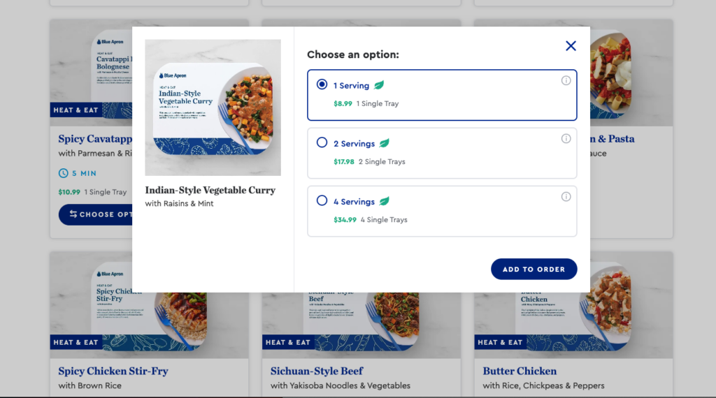 Blue Apron’s “Heat & Eat” meal add-on options. Source: Retirement Living’s Blue Apron account dashboard