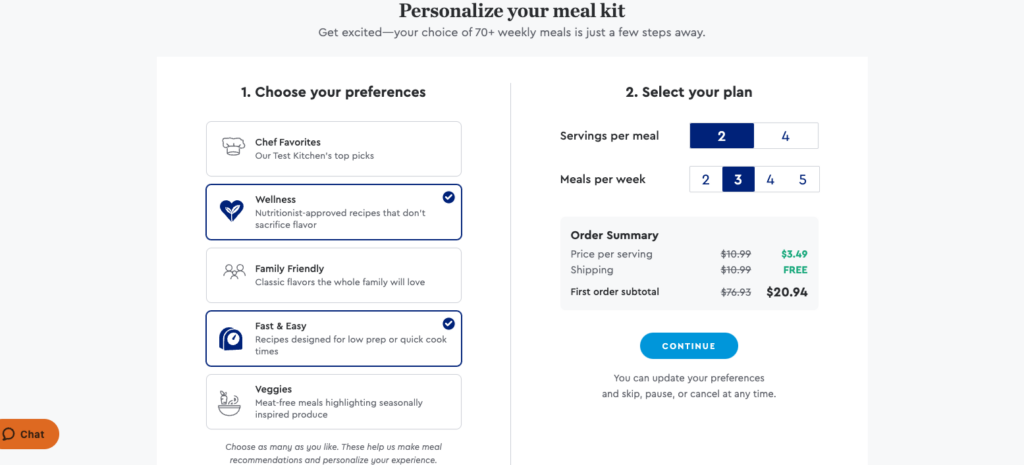 Blue Apron sign-up process for choosing meal preferences.
