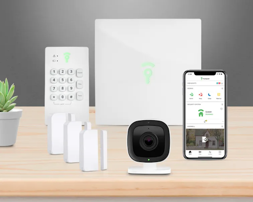 The Frontpoint starter package comes with a FREE indoor camera, one home defense kit, a hub and keypad, and three door/window sensors.