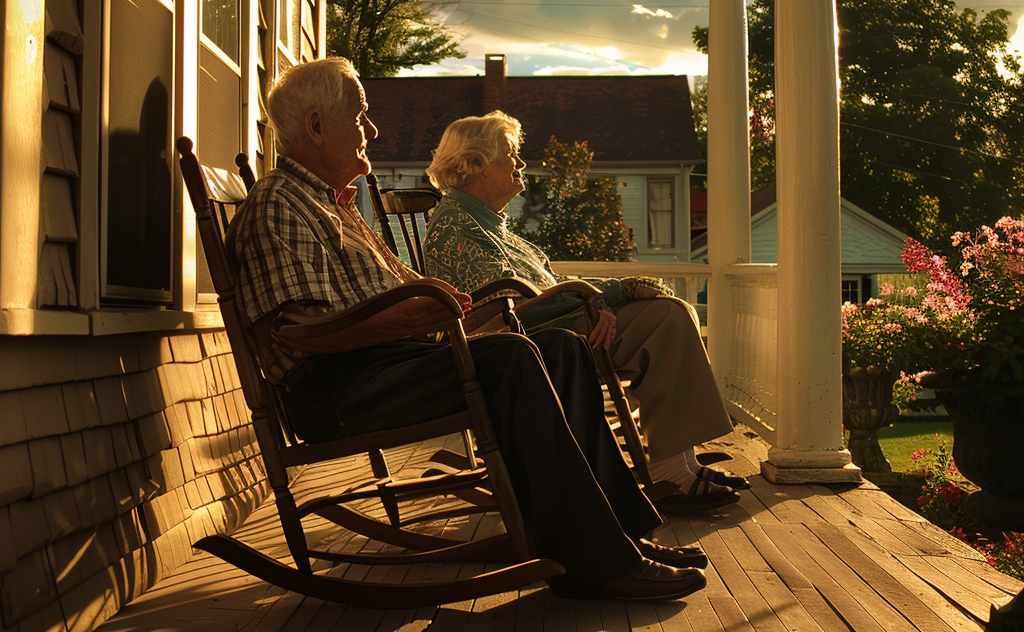 An older couple sitting on the porch in rocking chairs