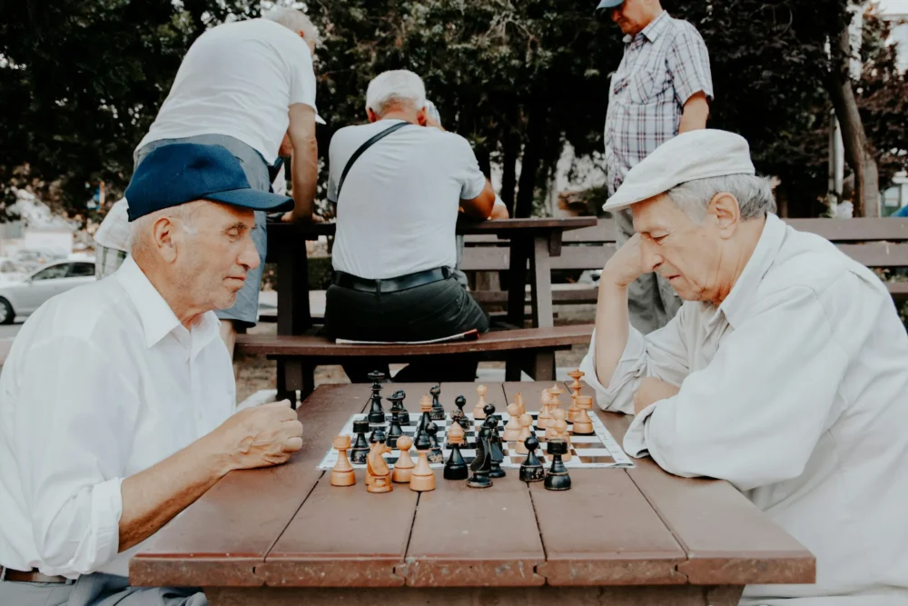 two older men playing chess in a park